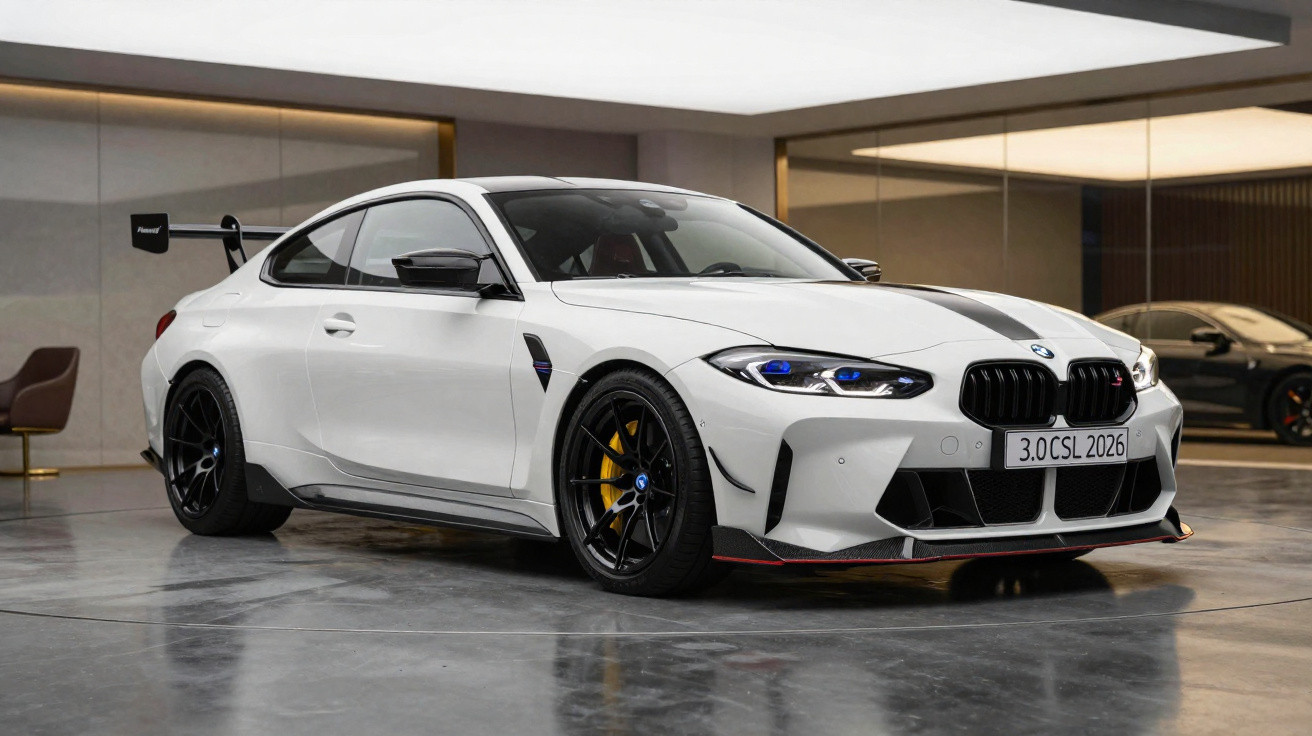 Carro desportivo BMW branco estacionado em interior moderno com jantes pretas e detalhes no para-choques.