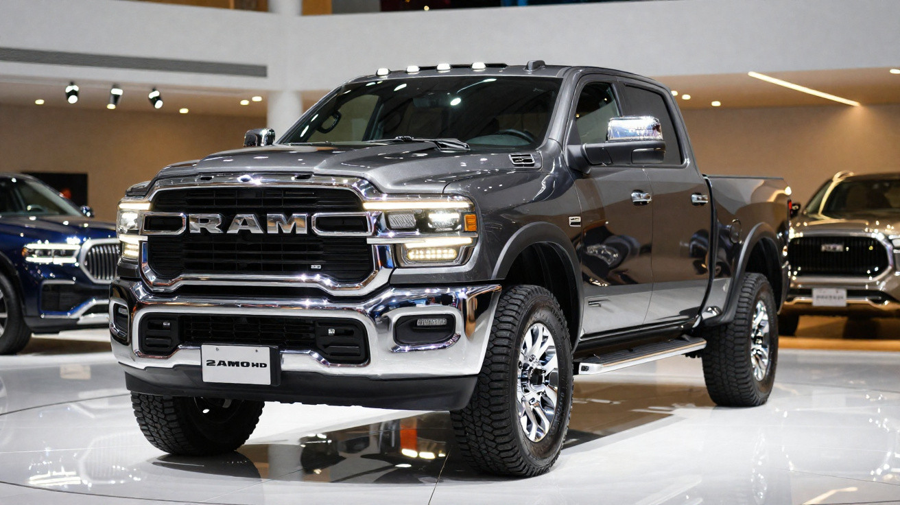 Pickup RAM 2500 HD cinza estacionada em exposição automóvel interior, com destaque para a frente e rodas.