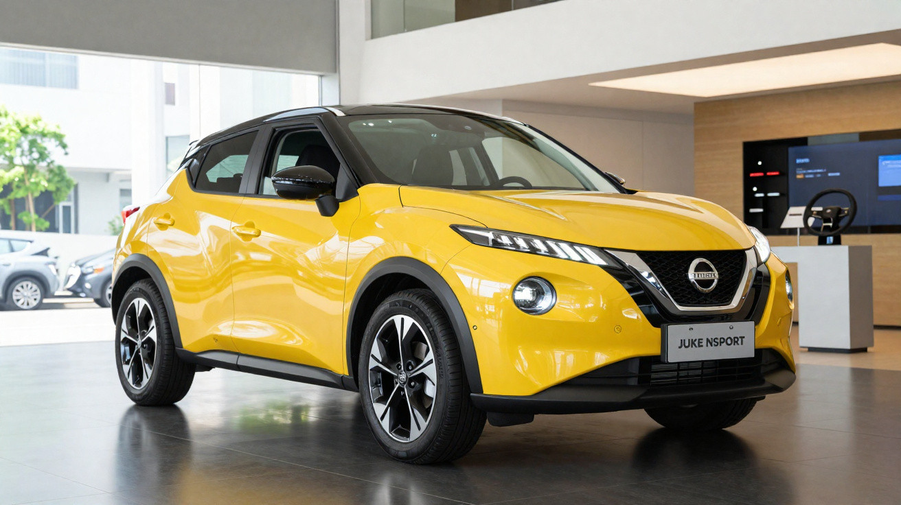 Carro Nissan Juke N-Sport amarelo exposto em stand moderno com chão cinza e paredes claras.