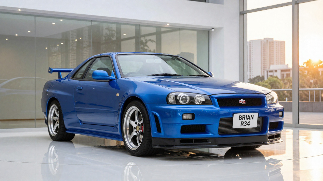 Carro desportivo azul Nissan Skyline R34 estacionado num espaço interior moderno com grandes janelas.