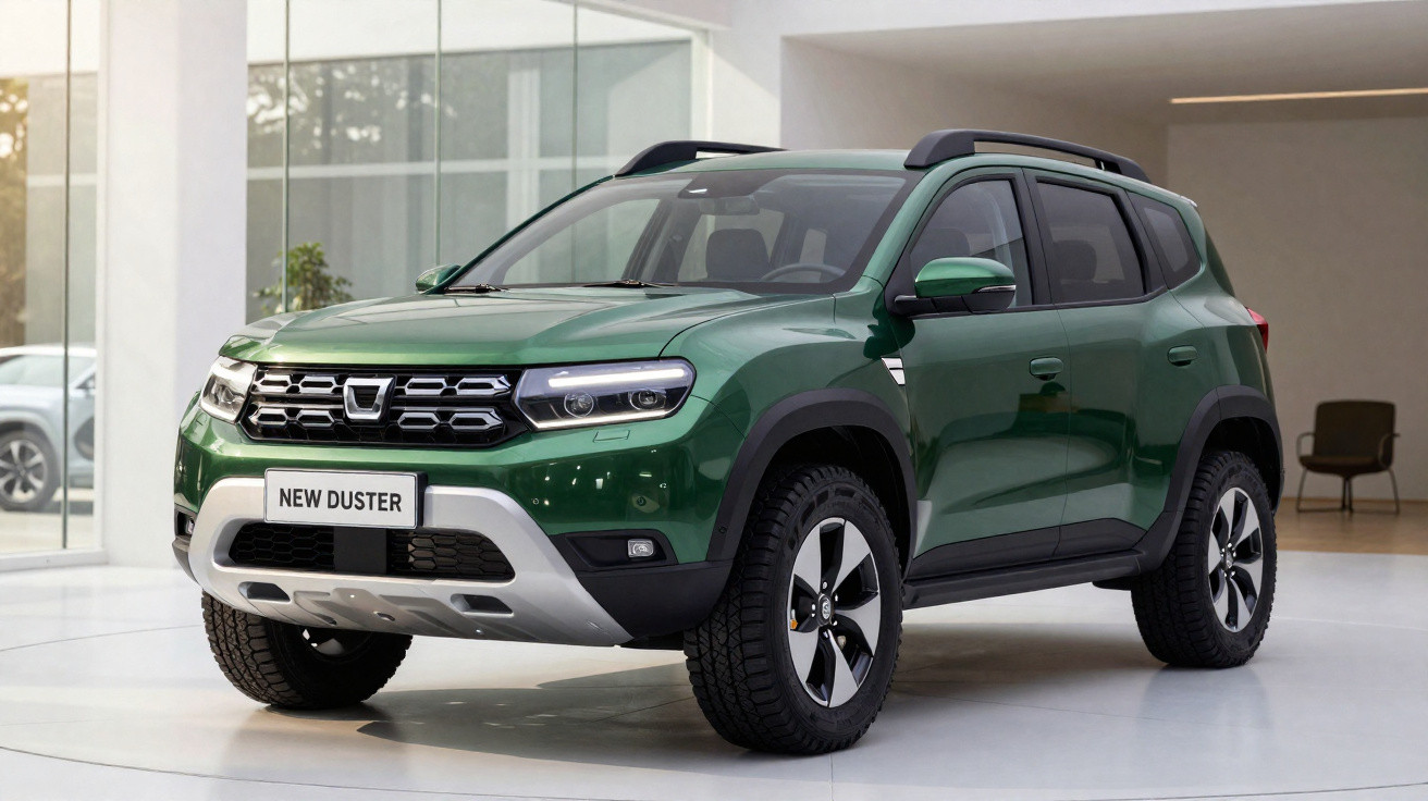 Carro Dacia New Duster verde estacionado em ambiente interior moderno e luminoso.