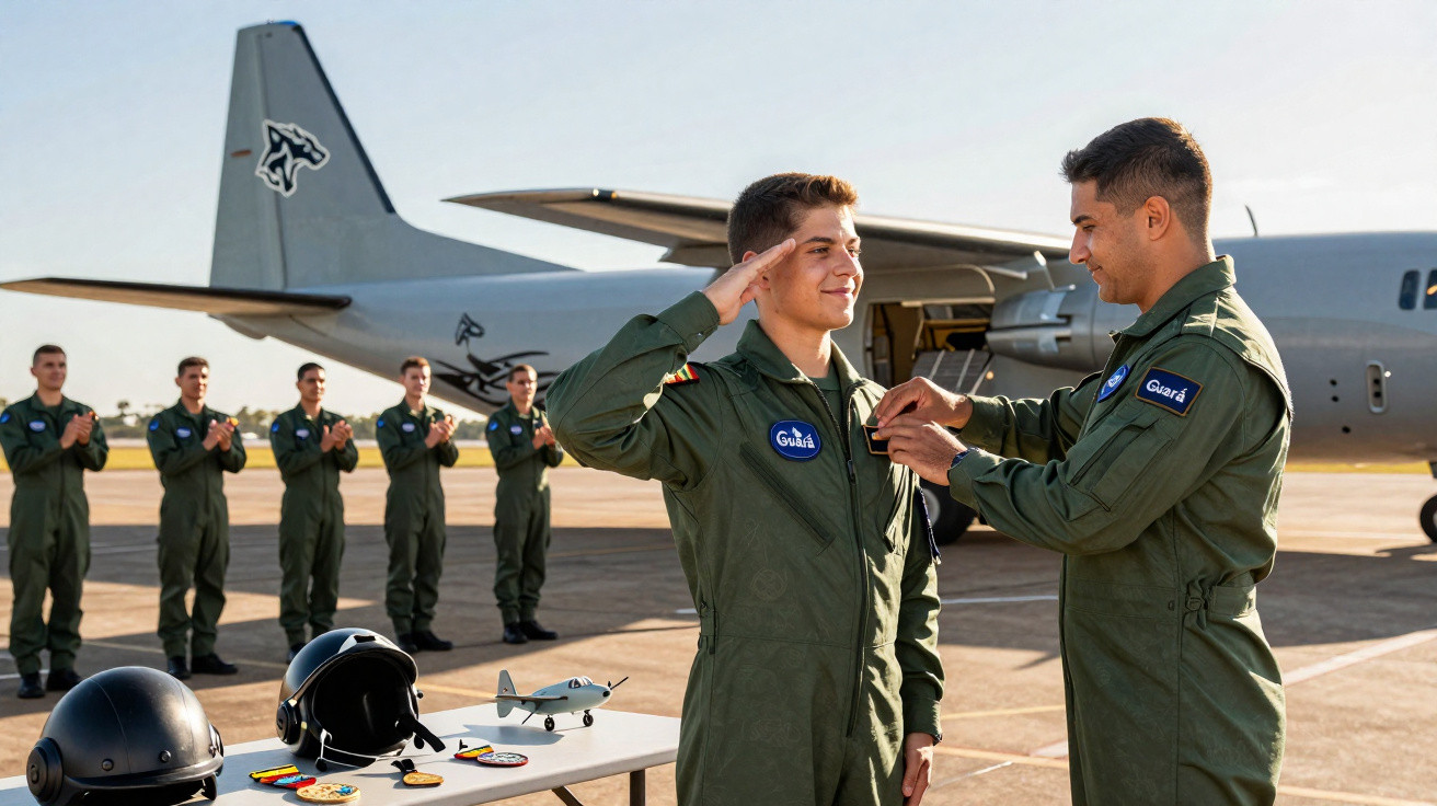 Militares celebram promoção de piloto em pista com avião e equipamentos militares ao fundo.