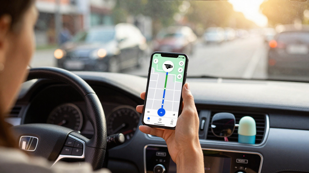 Mulher segura telemóvel com GPS enquanto está ao volante dentro de carro em estrada urbana ao pôr do sol.