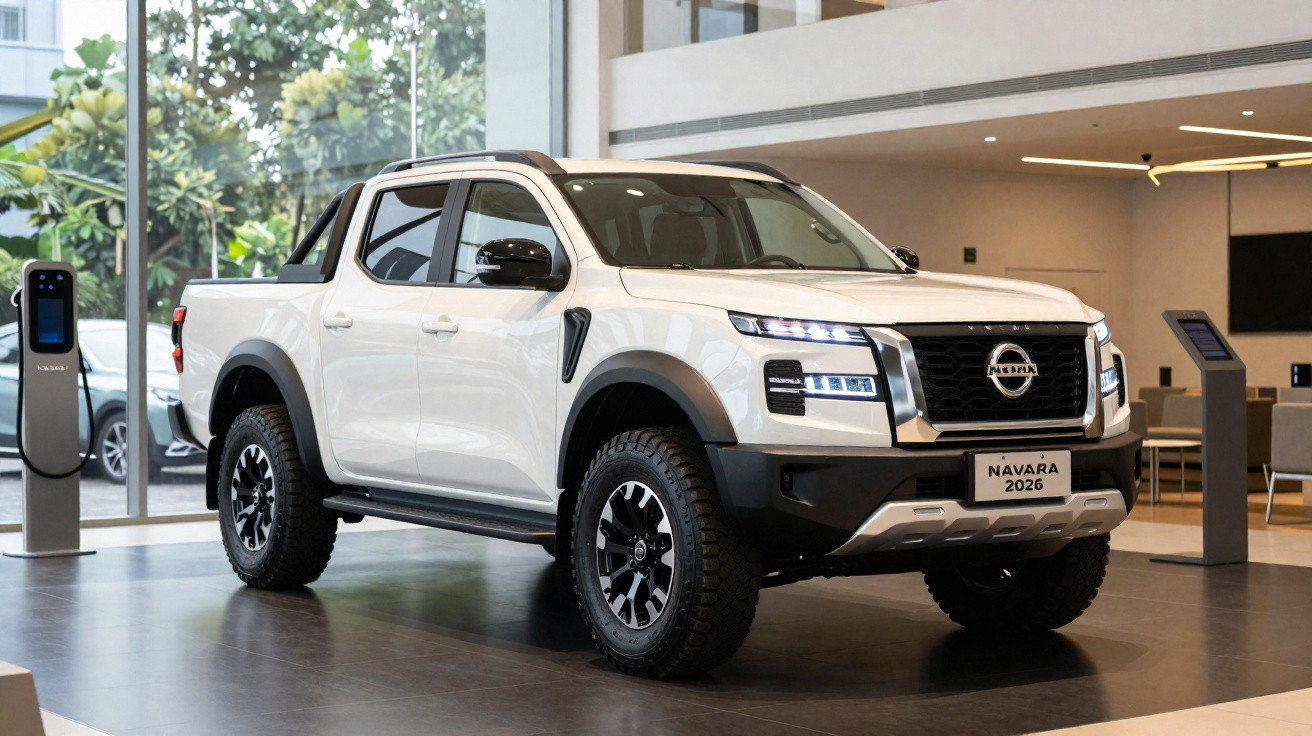 Pick-up Nissan Navara 2026 branca exposta em showroom moderno com carregador elétrico ao fundo.