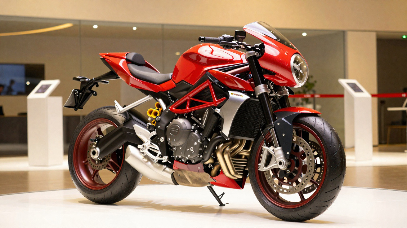 Motociclo desportivo vermelho em exposição com design moderno e linhas aerodinâmicas.