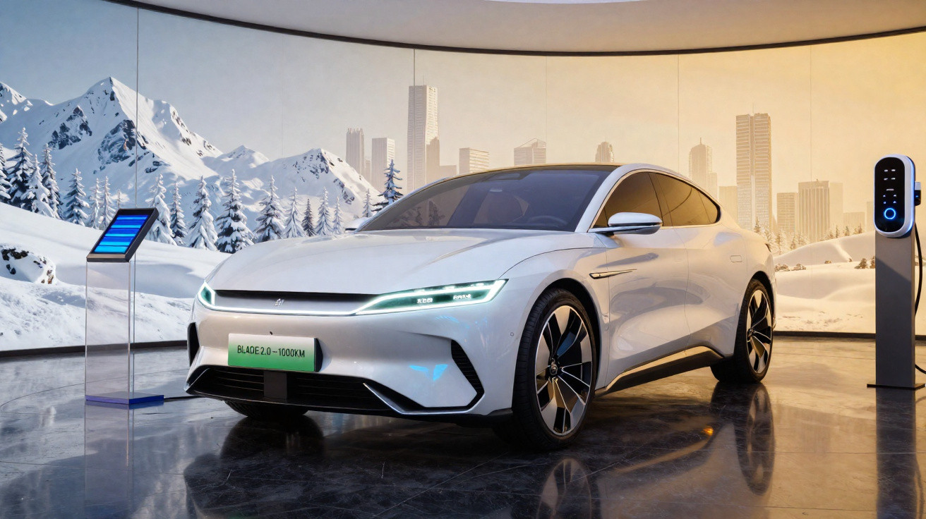 Carro elétrico branco futurista num salão com cenário de montanhas nevadas e cidade ao fundo.