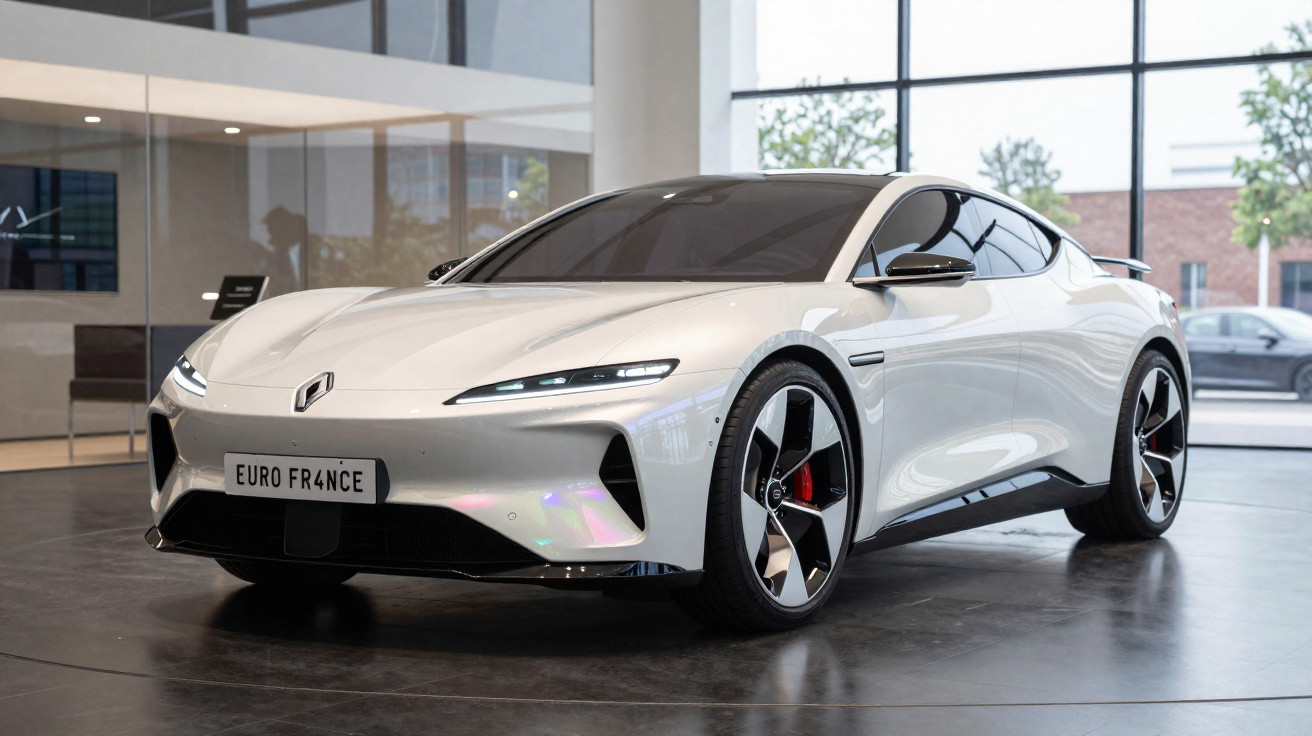 Carro desportivo elétrico branco Renault numa exposição interior com jantes pretas e detalhes vermelhos.