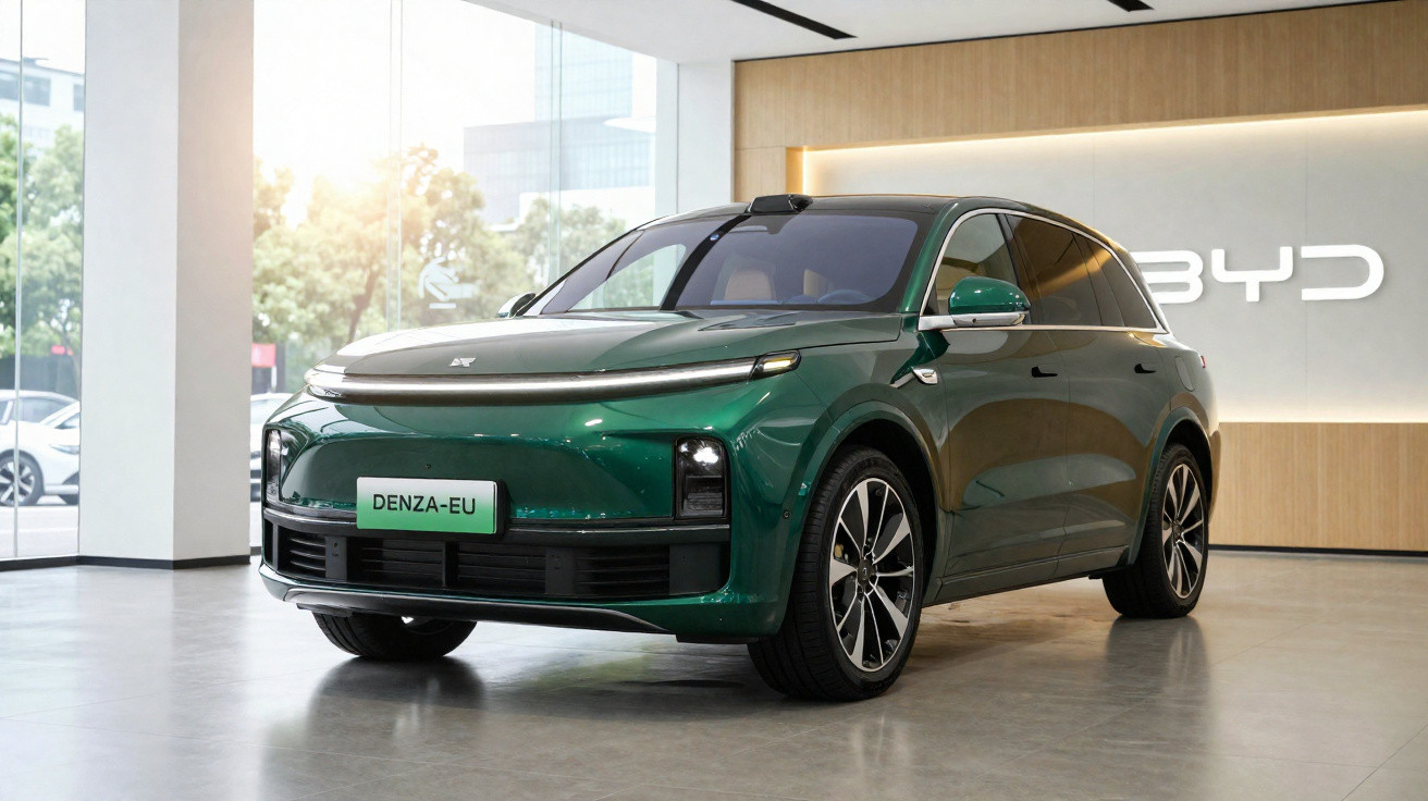 Automóvel eléctrico verde Denza-EU estacionado em showroom moderno da BYD.