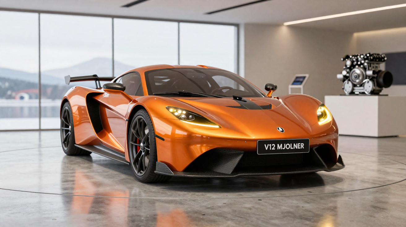 Carro desportivo laranja V12 Mjolner em exposição numa sala moderna com janelas grandes.