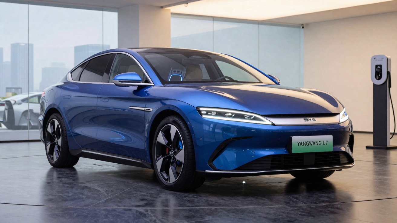 Carro elétrico azul Yangwang U7 estacionado em interior moderno com posto de carregamento ao fundo.