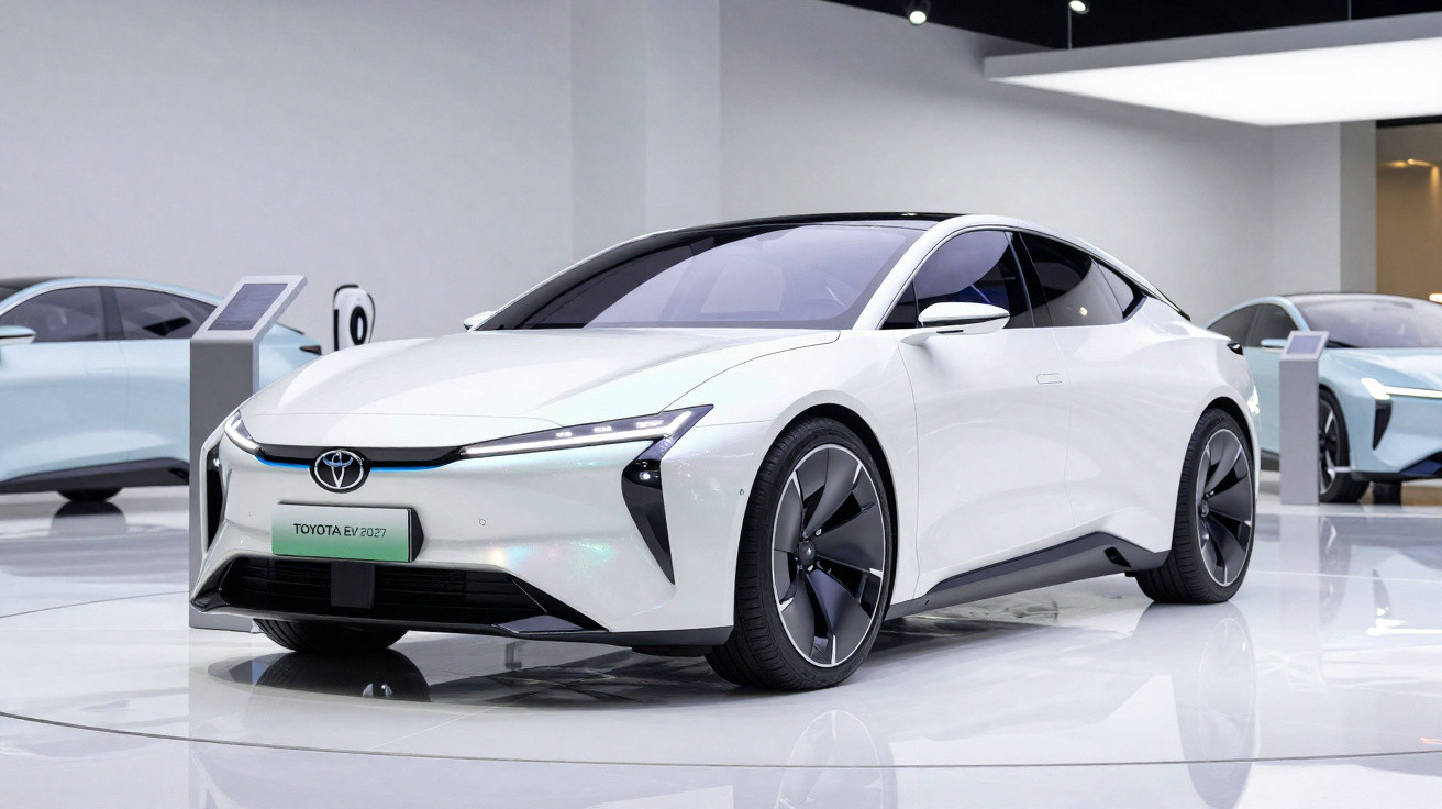 Carro elétrico Toyota EV 2027 branco em exposição num salão moderno e minimalista.