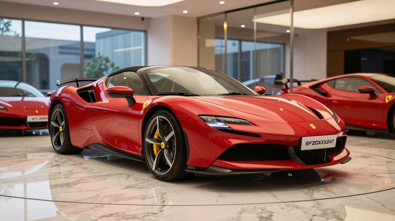 Carro desportivo Ferrari vermelho estacionado em salão com chão de mármore brilhante.