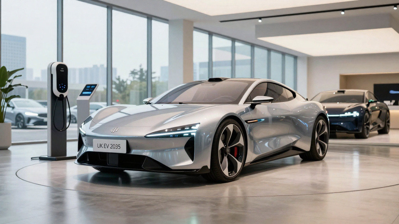 Carro elétrico desportivo prateado numa exposição moderna com pontos de carregamento ao lado.