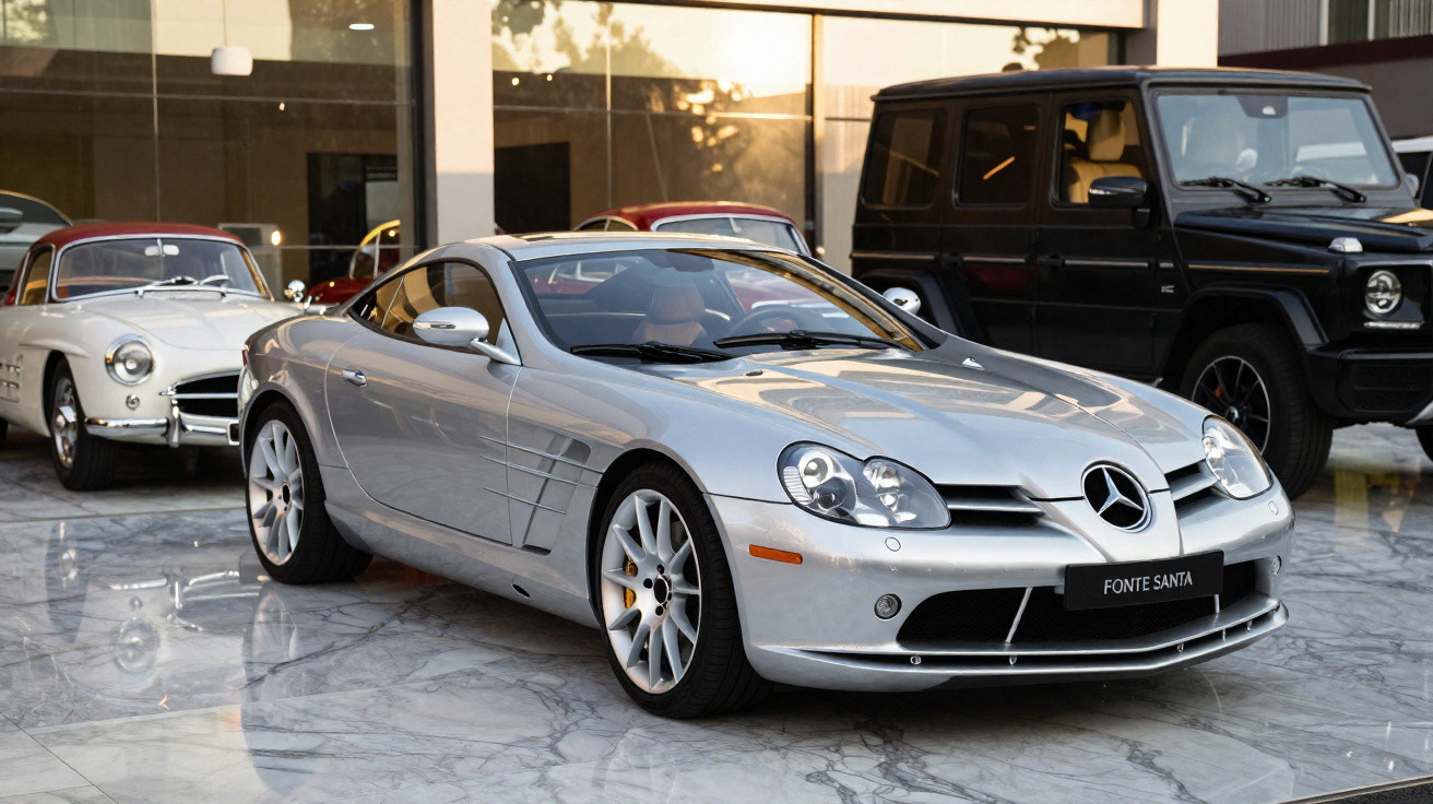 Carro desportivo Mercedes-Benz prata em exposição interior com outros veículos clássicos ao fundo.
