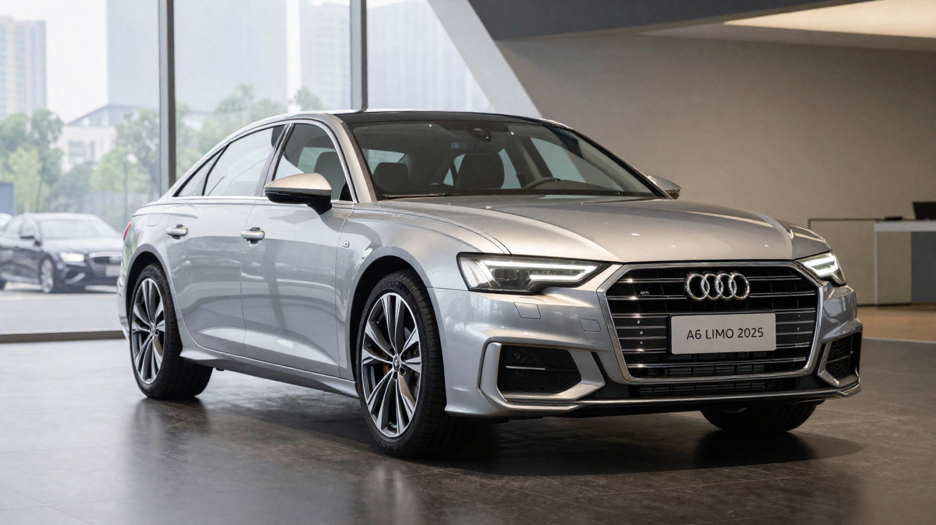 Carro Audi A6 Limo 2025 prata estacionado dentro de um showroom moderno com janelas grandes.