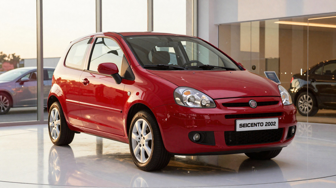 Carro vermelho Fiat Seicento 2002 exibido em salão de automóveis com vidro ao fundo.
