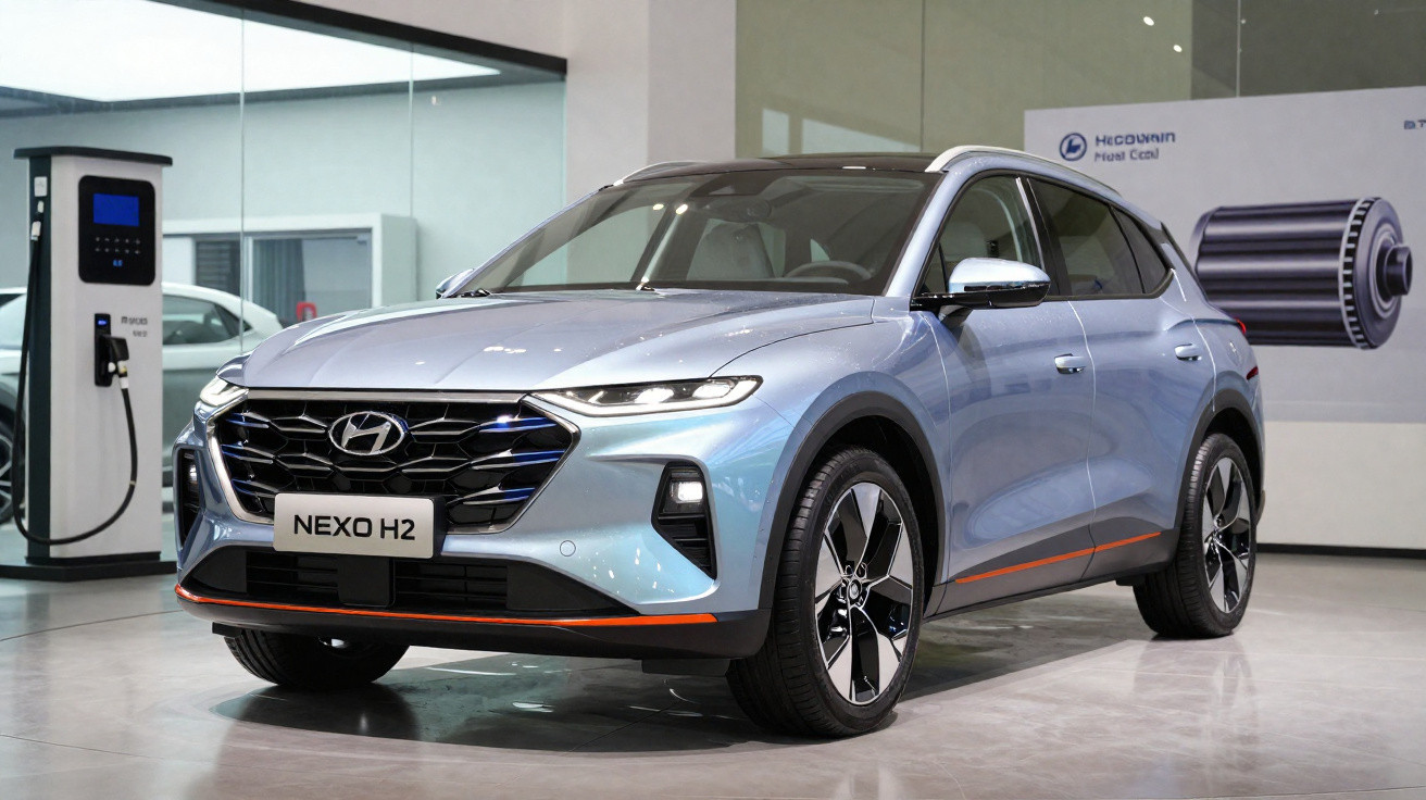 Carro Hyundai Nexo H2 elétrico azul prateado num showroom moderno junto a um posto de carregamento.