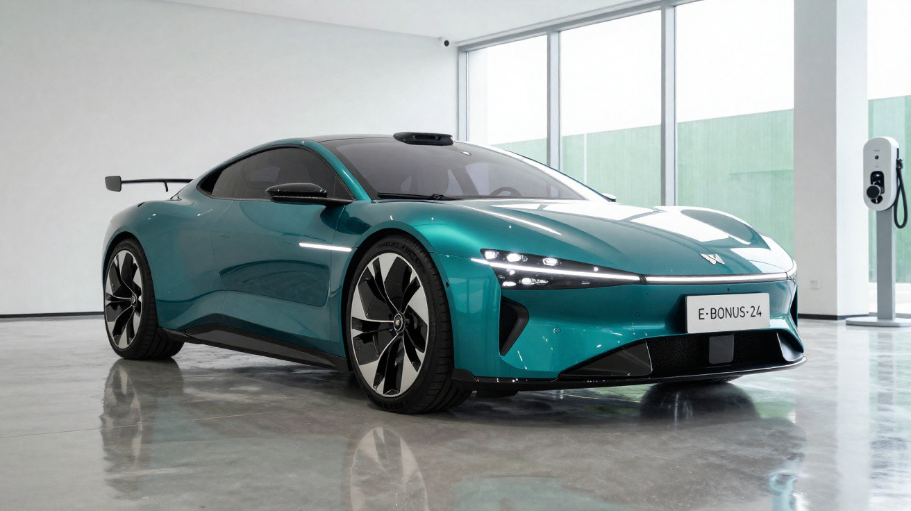 Carro desportivo elétrico verde metálico estacionado em garagem moderna com carregador elétrico na parede.