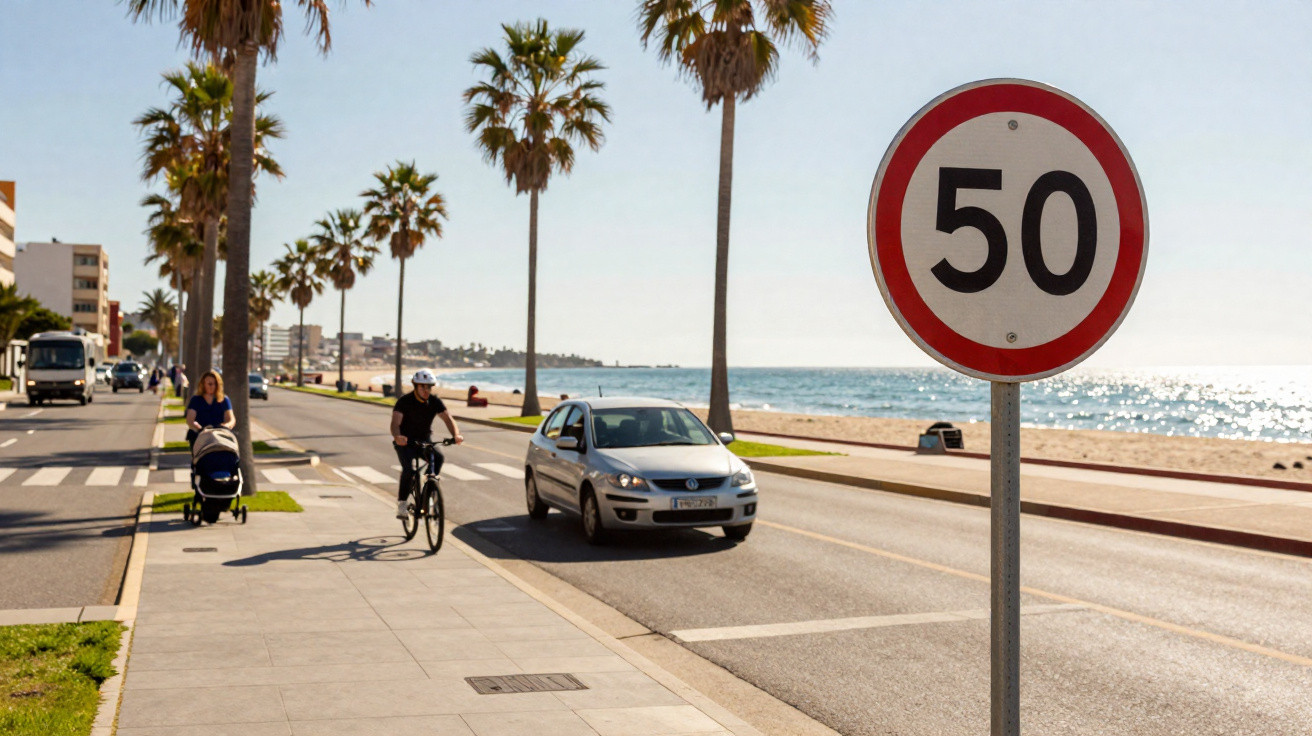 Placa de velocidade 50 numa avenida à beira-mar com carro, ciclista e pessoa a empurrar carrinho de bebé.