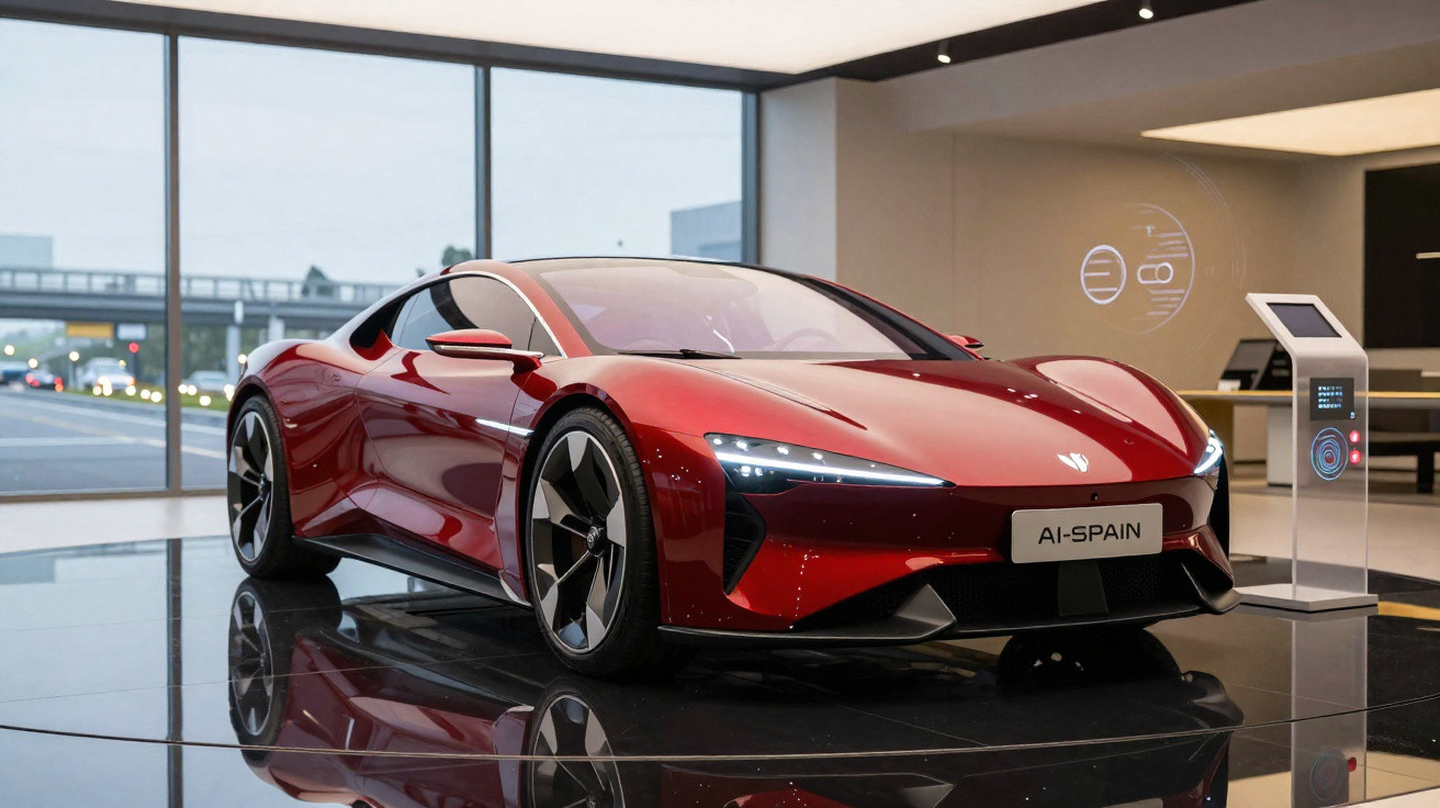 Carro desportivo vermelho futurista exposto numa sala moderna com grandes janelas e painel digital.