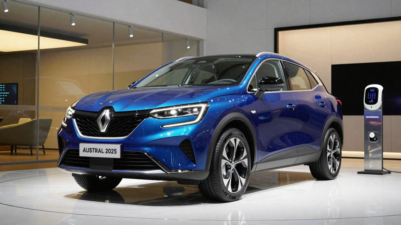 Renault Austral 2025 azul num showroom moderno, junto a uma estação de carregamento elétrica.