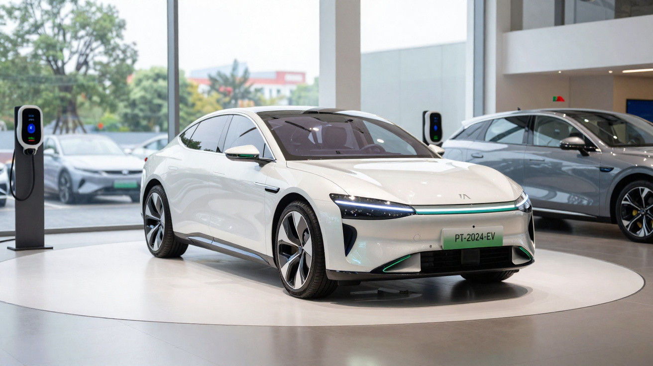 Carro elétrico branco num showroom moderno com paredes de vidro e postos de carregamento visíveis.