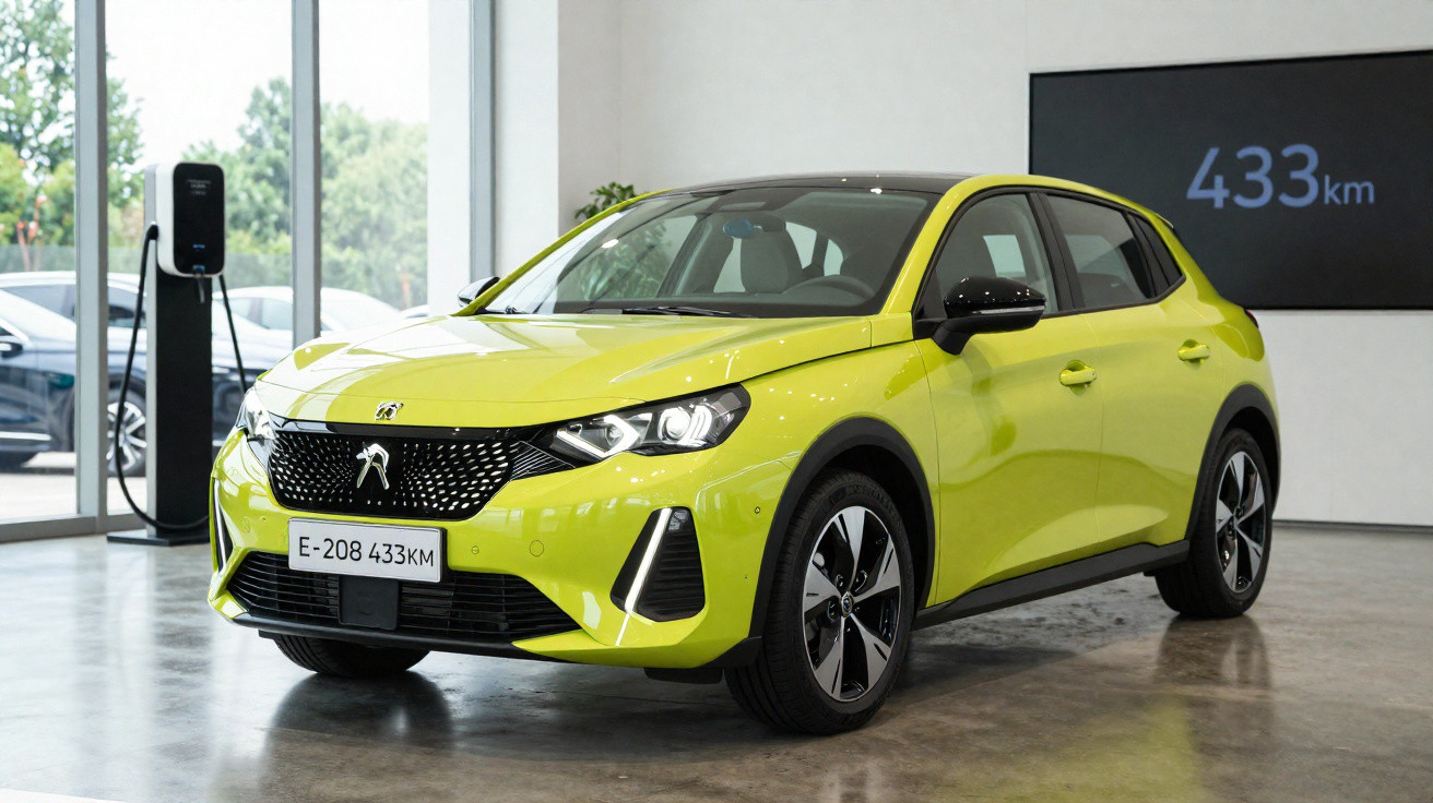 Peugeot elétrico amarelo estacionado numa sala, com ecrã a mostrar autonomia de 433 km.