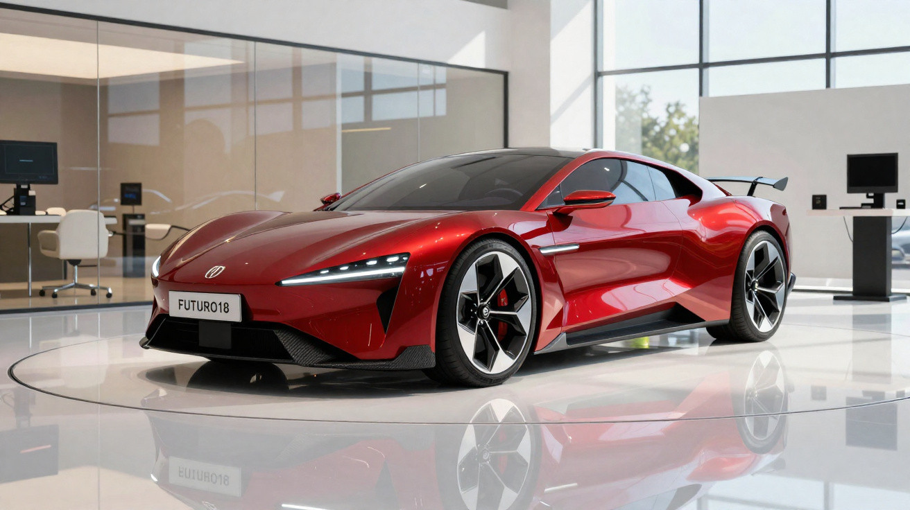 Carro desportivo elétrico vermelho de design futurista em exposição numa sala moderna e iluminada.