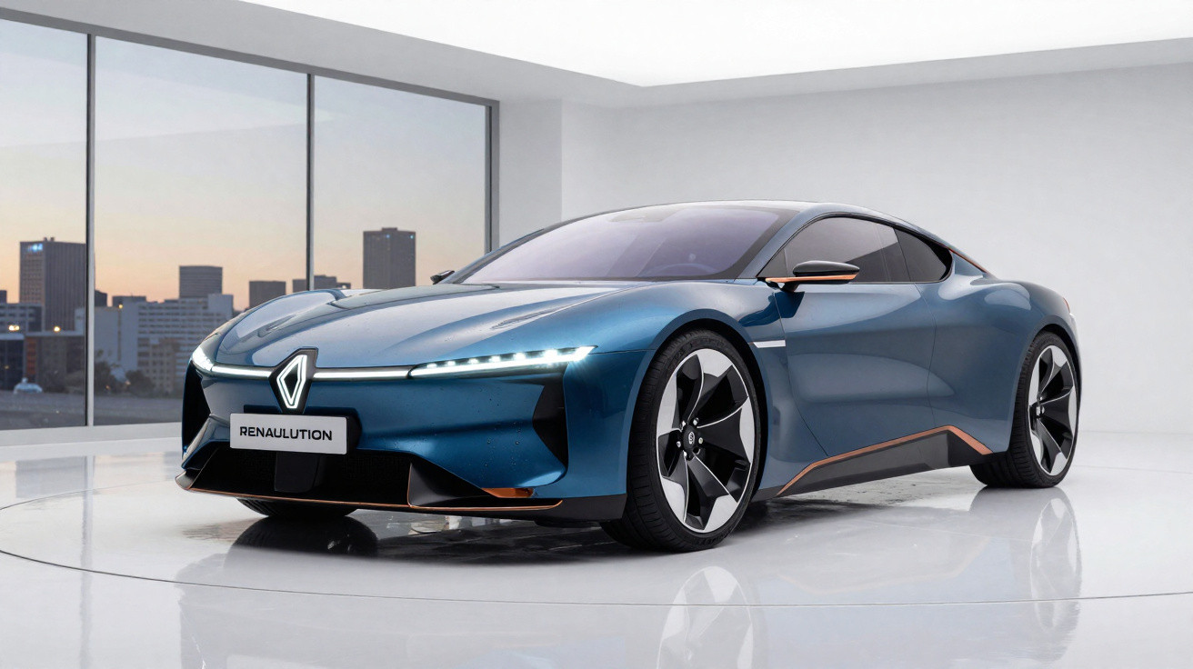 Carro desportivo elétrico azul Renault com design futurista, iluminação LED e jantes aerodinâmicas num ambiente minimalista.