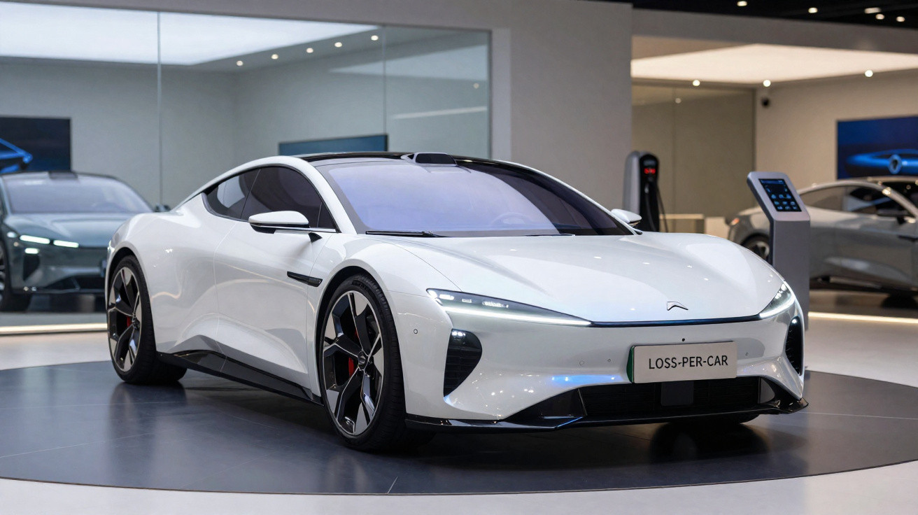 Carro desportivo elétrico branco exposto em salão com iluminação moderna.