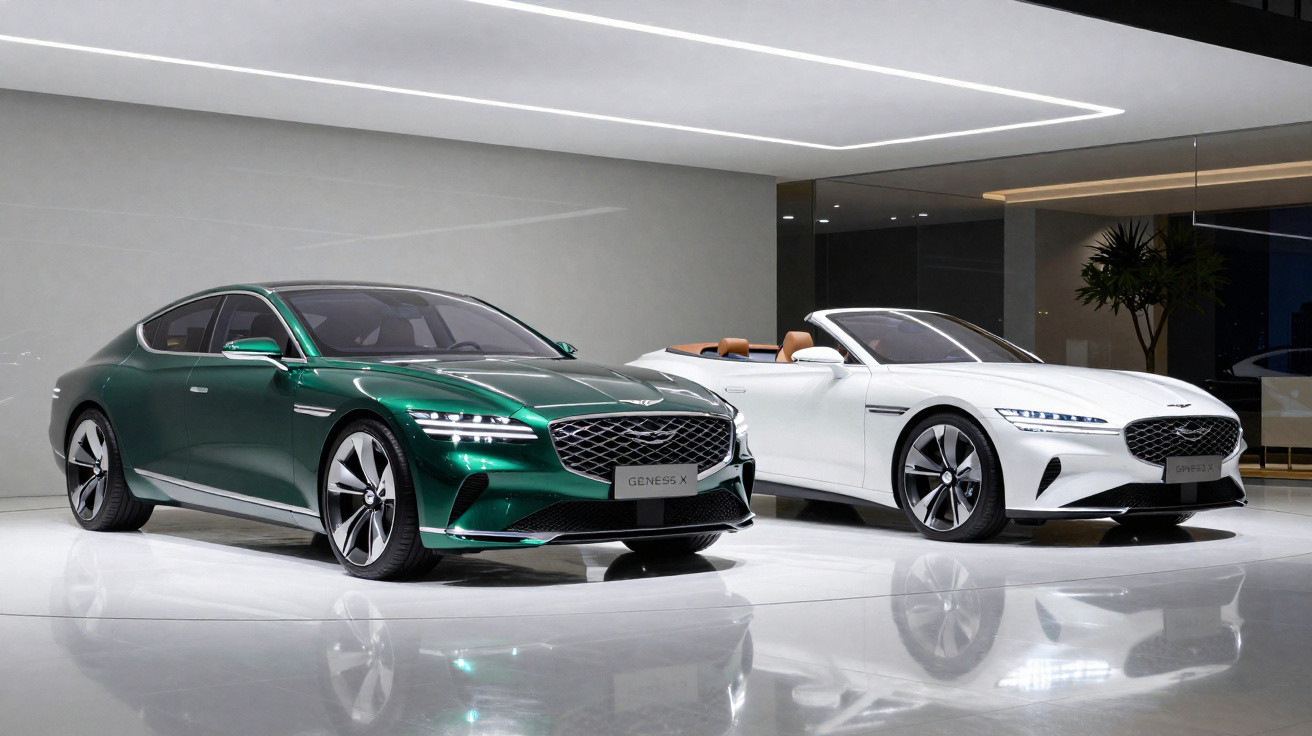 Dois carros Genesis luxuosos, verde e branco, exibidos num espaço moderno e iluminado.