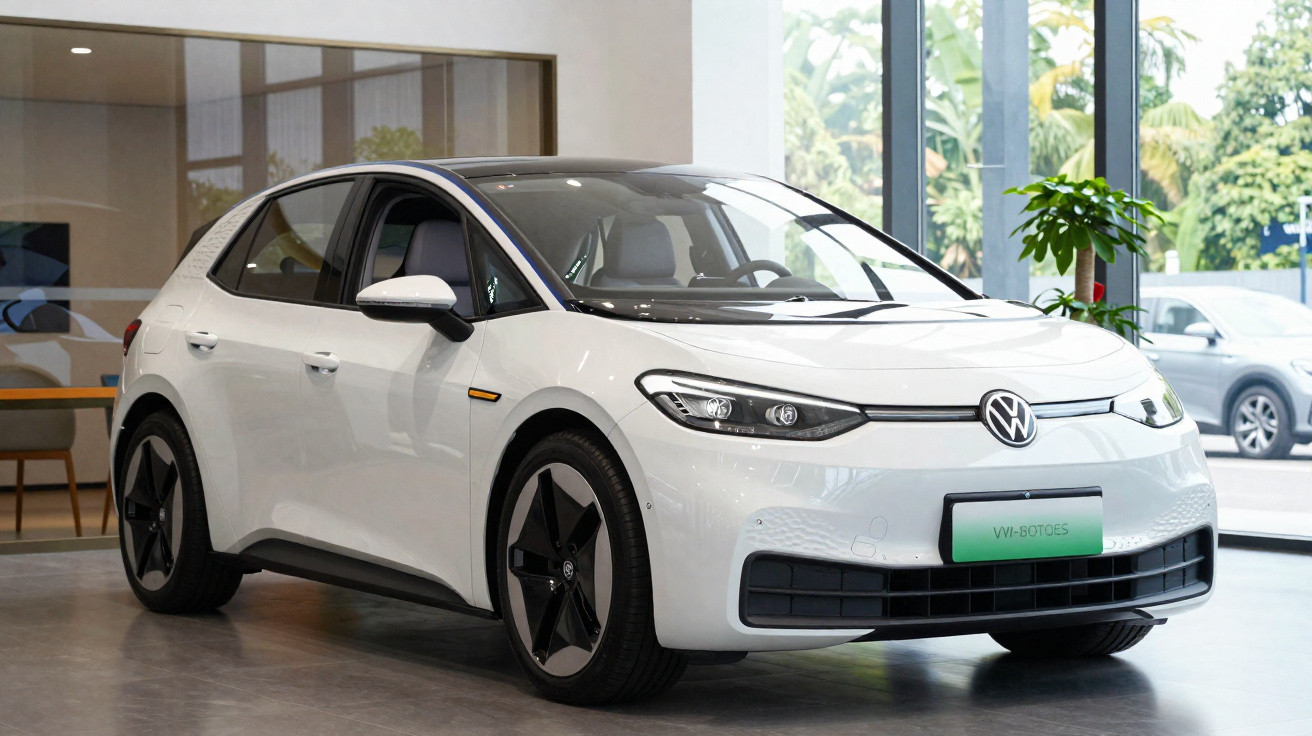Carro elétrico branco Volkswagen ID.4 estacionado em interior moderno com chão cinzento e grandes janelas.