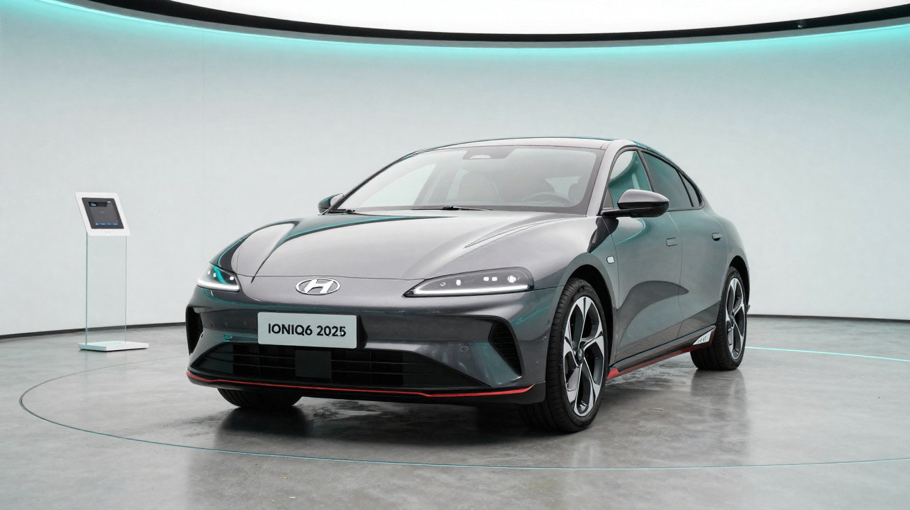 Carro elétrico Hyundai IONIQ 6 2025 cinzento em exposição num espaço moderno com iluminação azul.