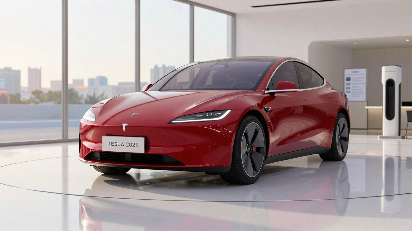 Carro elétrico Tesla vermelho modelo 2025 exposto num showroom moderno e iluminado.