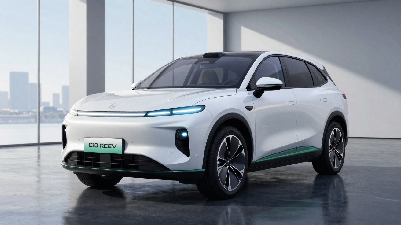 Carro elétrico moderno branco estacionado num espaço interior amplo e luminoso com janelas grandes.