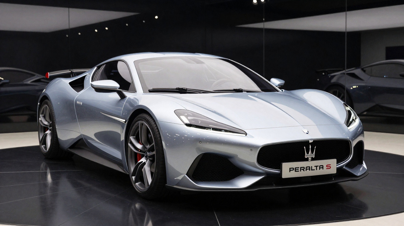 Carro desportivo cinzento Prata Peralta S estacionado num showroom com luz ambiente e piso refletor.