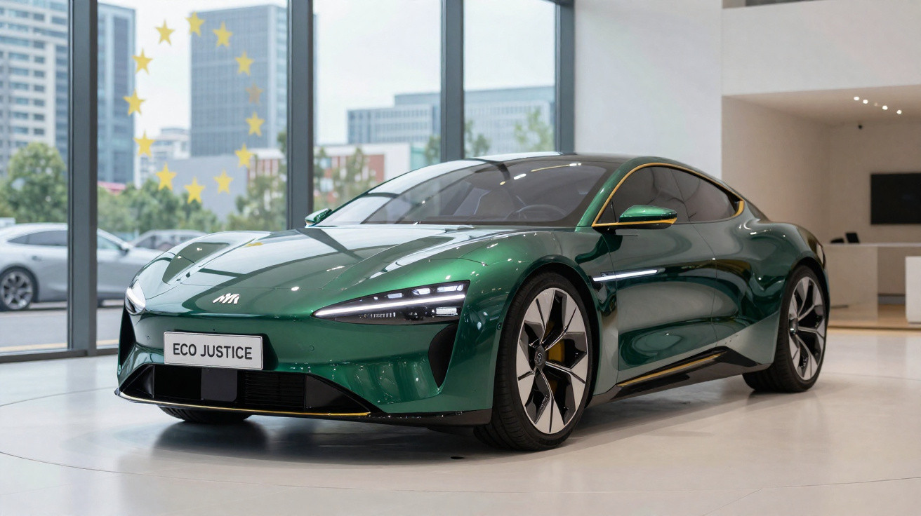 Carro elétrico desportivo verde metálico ECO JUSTICE em exposição num salão moderno com janelas grandes.