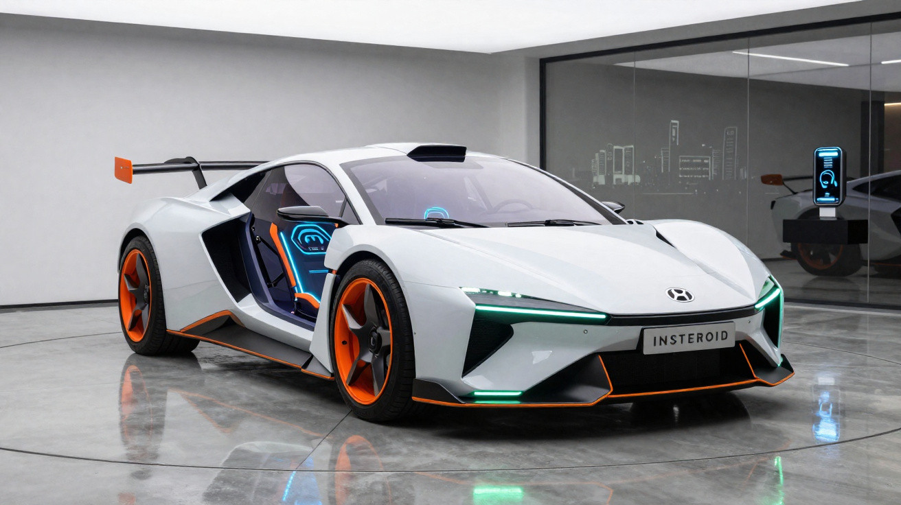 Carro desportivo elétrico branco com detalhes laranja, portas abertas, espaço moderno e chão espelhado.
