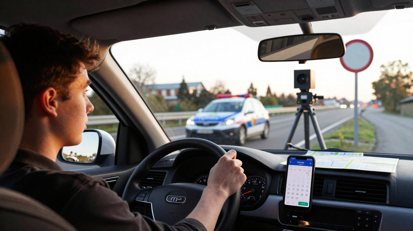 Homem ao volante observa viatura policial e radar numa estrada durante o pôr do sol.