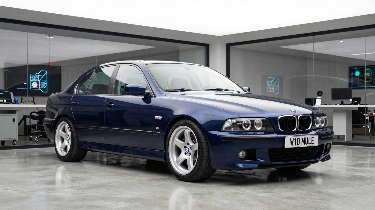 Carro desportivo BMW azul escuro estacionado em piso de cimento polido numa sala moderna com paredes de vidro.