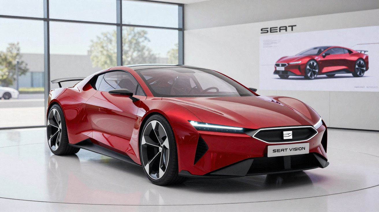 Carro desportivo vermelho Seat Vision estacionado em showroom moderno com grande janela e cartaz na parede.