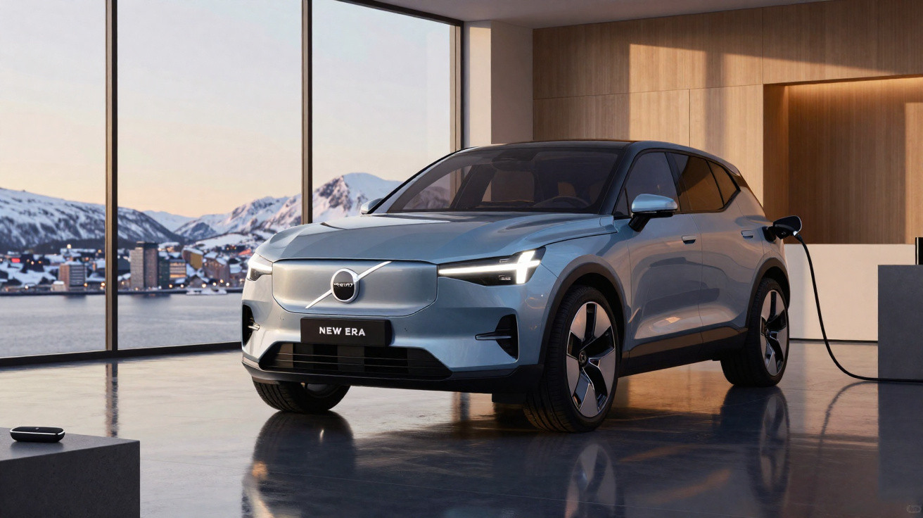 Carro elétrico Volvo azul a carregar numa garagem moderna com vista para montanhas e rio ao pôr do sol.