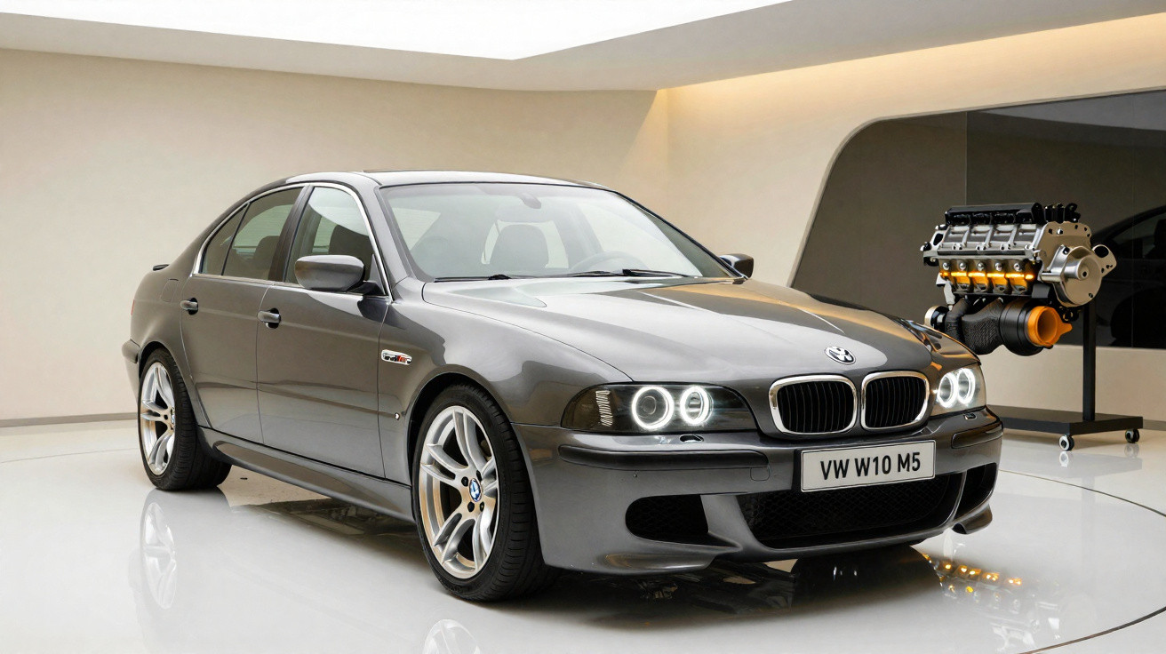 BMW cinzento escuro estacionado em espaço fechado com motor exposto ao fundo à direita.