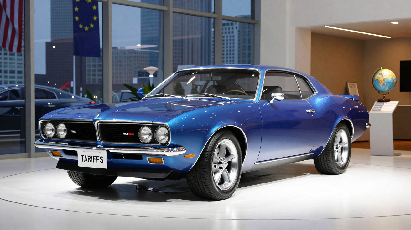 Carro clássico azul, modelo muscle car, exposto em museu com bandeiras ao fundo.