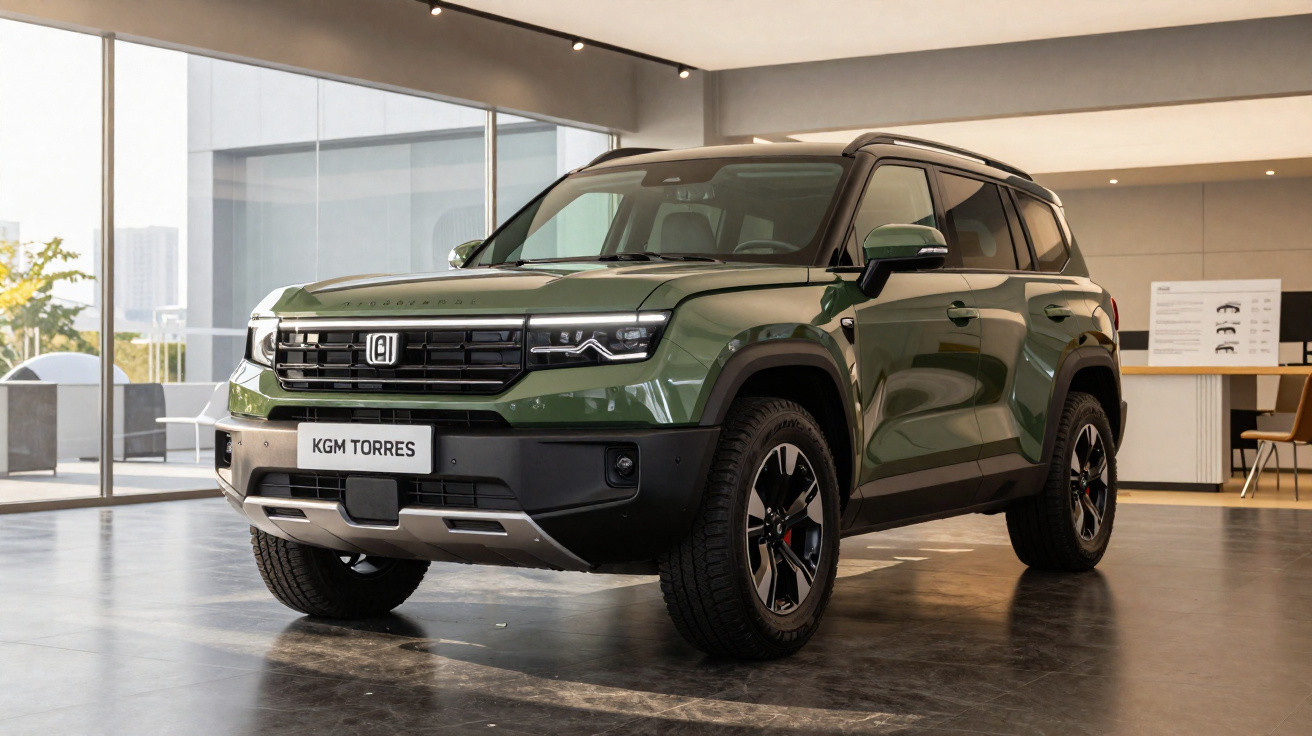 Carro SUV verde militar com detalhes em preto, exposto numa sala ampla com chão de cerâmica escura.