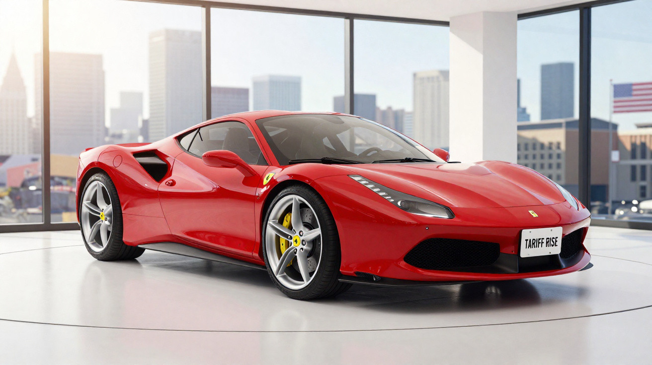 Carro desportivo vermelho Ferrari estacionado num showroom com janelas grandes e vista para a cidade.