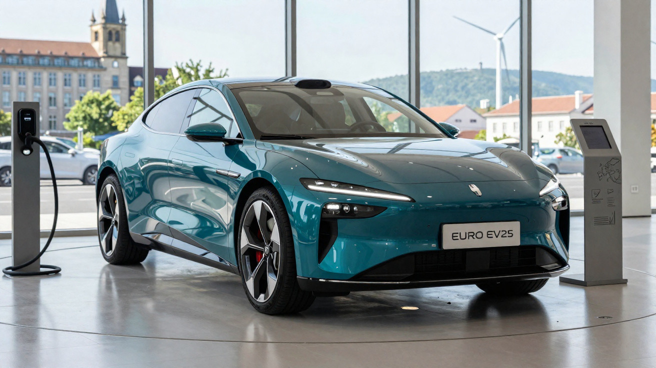 Carro elétrico azul Euro EV25 em exposição interior, ao lado de postos de carregamento e janelas grandes.