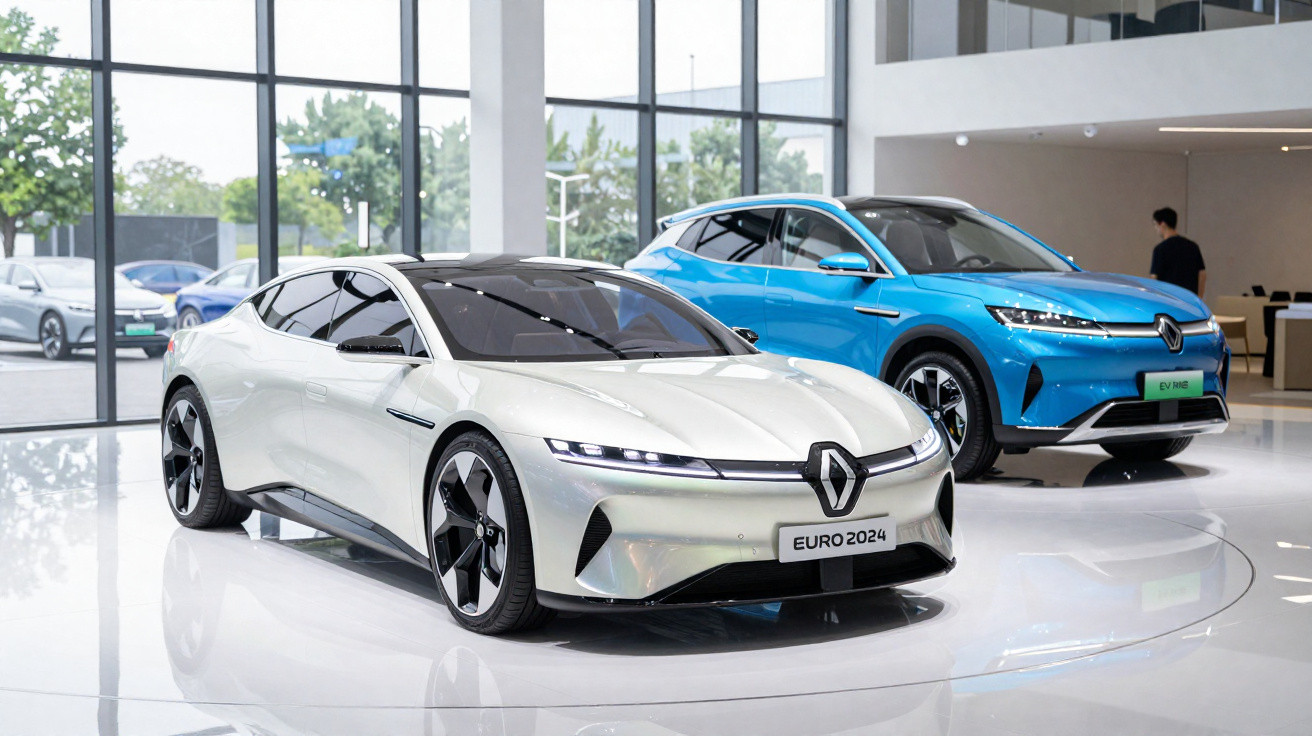Dois carros elétricos da Renault, um desportivo branco à frente e um SUV azul atrás, em exposição interior moderna.