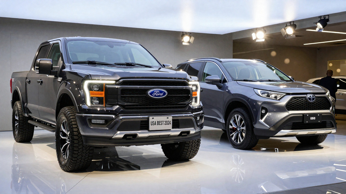 Duas viaturas cinzentas em exposição: uma pick-up Ford e um SUV Toyota num ambiente interior moderno.