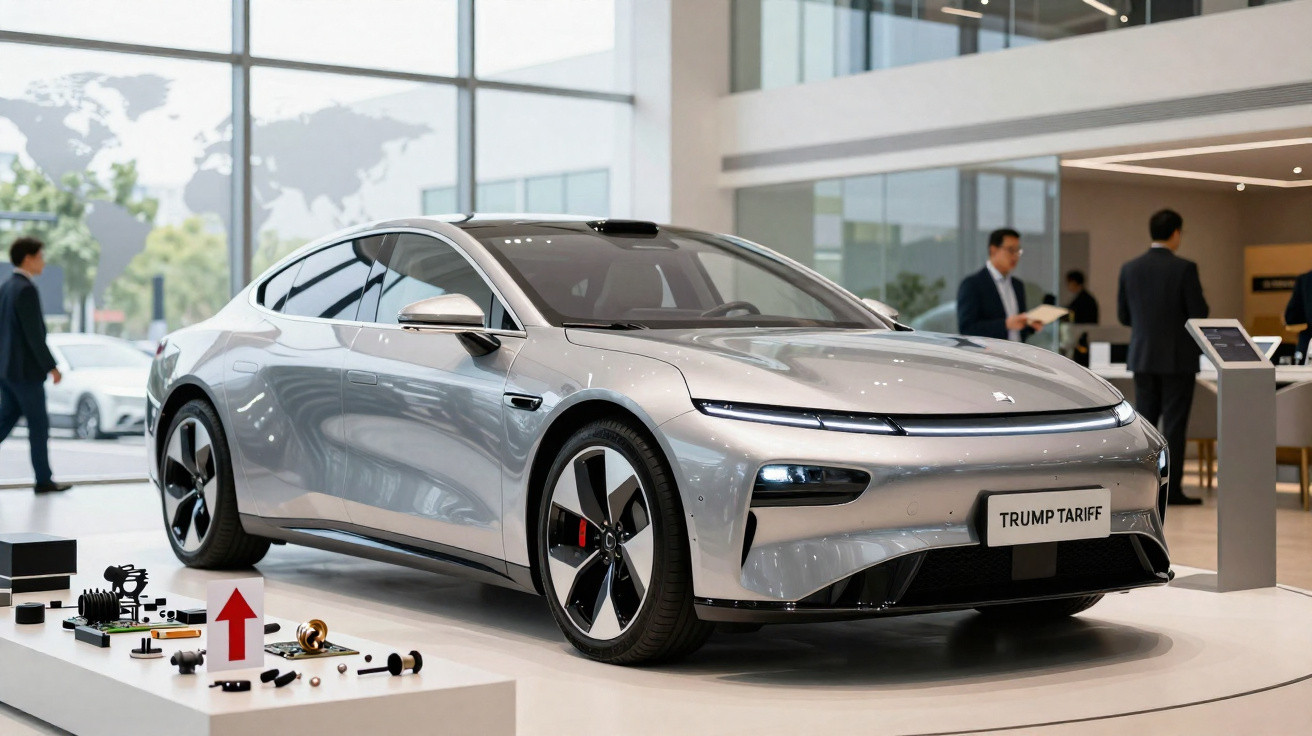 Carro elétrico cinza prateado moderno em exposição numa sala com pessoas ao fundo.